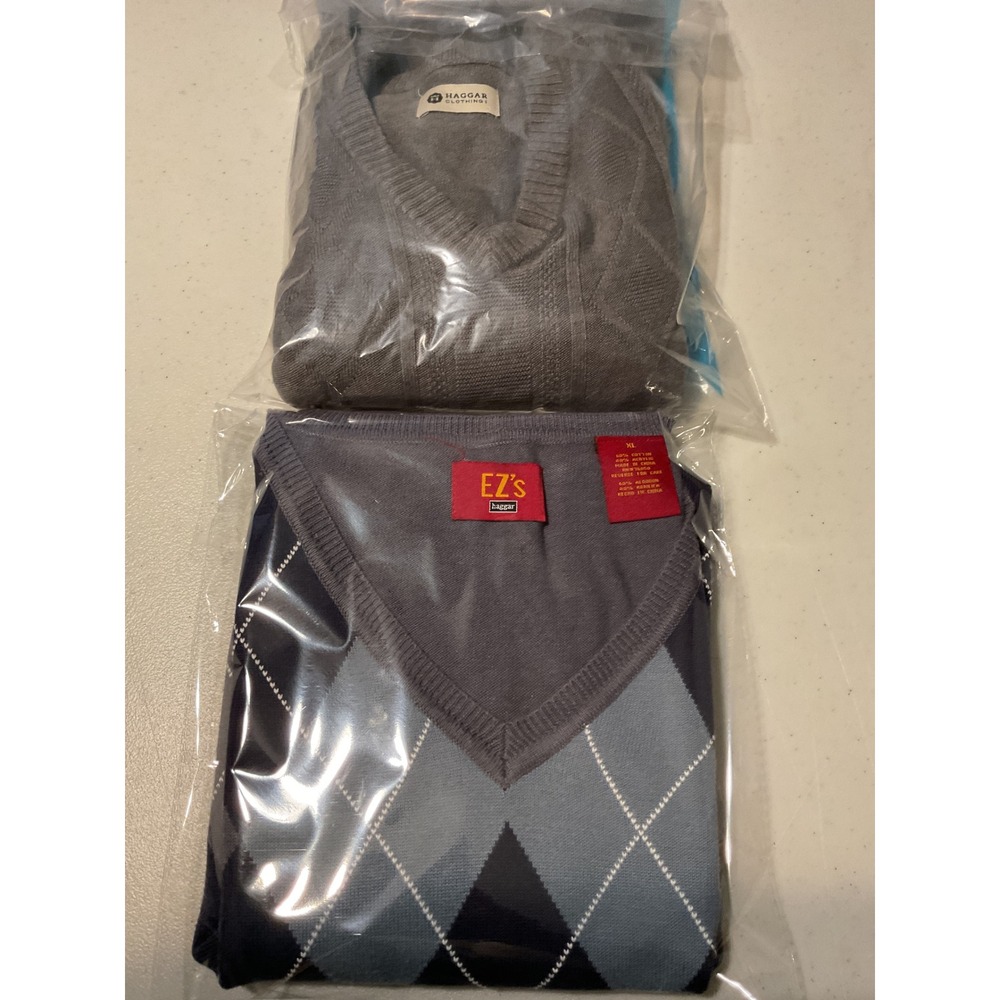 2 items Haggar Mens Gray V-Neck Sweater Diamond Textured Knit Pullover XL